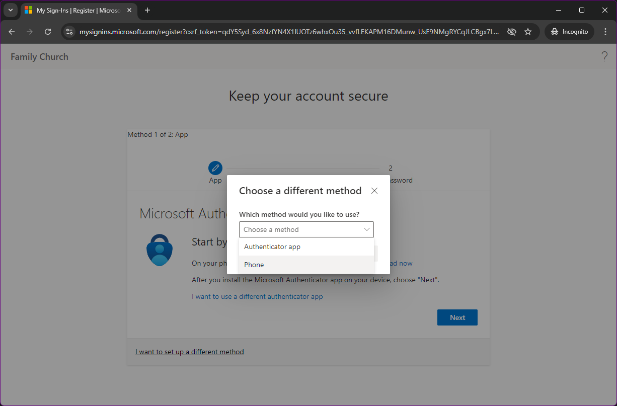 Select Phone to set up SMS Authentication